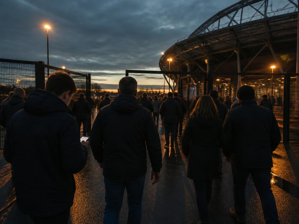 Fans walking through an arena gate at dusk, one checking a survey on a phone