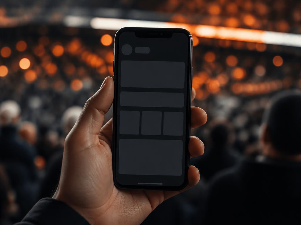 Fan in the stands holding a phone open to an app download screen