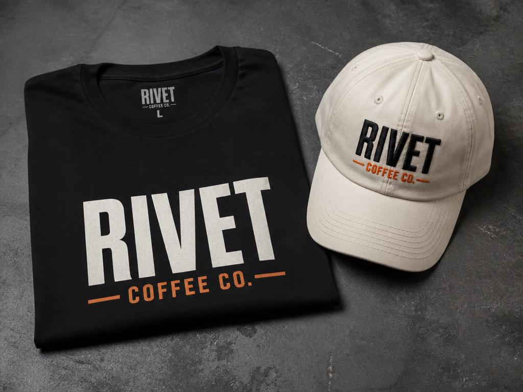 Apparel and hats mockup for Rivet Coffee Co.