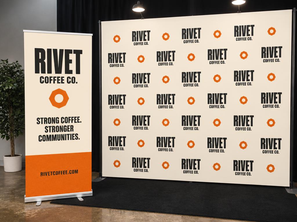 Banners and step-and-repeats mockup for Rivet Coffee Co.