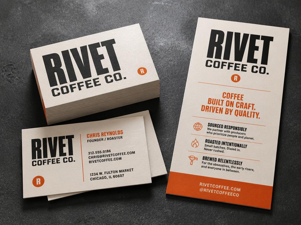 Business cards and rack cards mockup for Rivet Coffee Co.