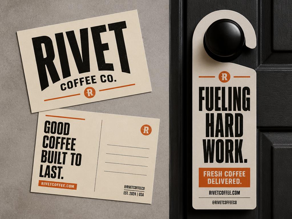 Postcards and door hangers mockup for Rivet Coffee Co.