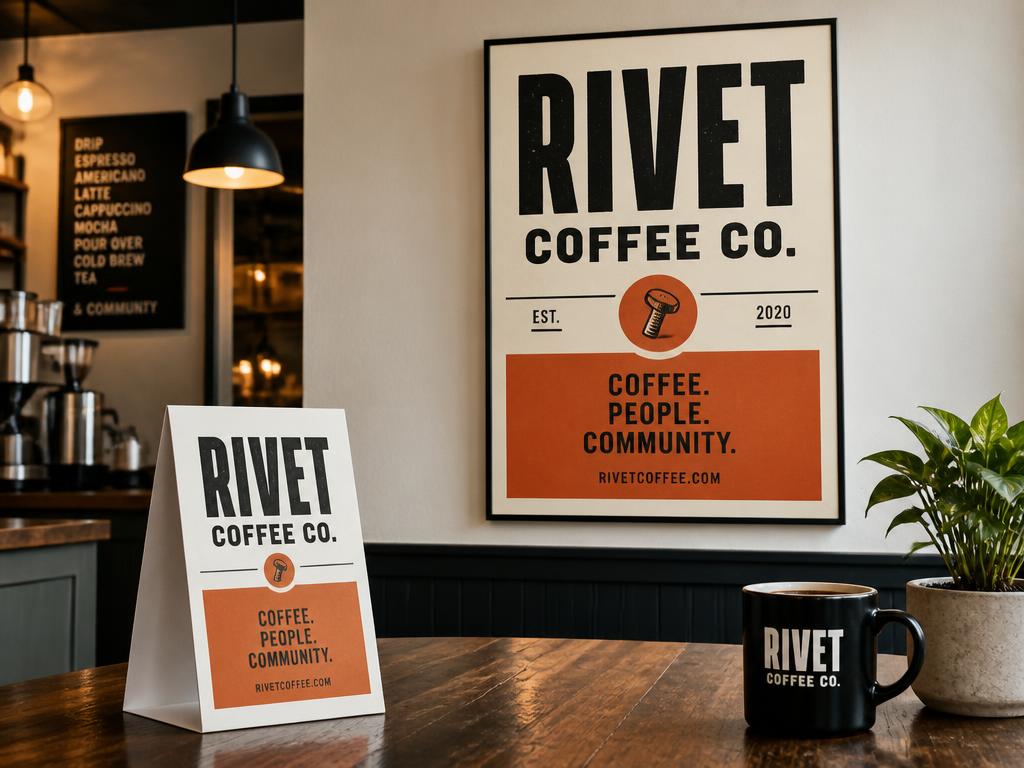 Table tents and posters mockup for Rivet Coffee Co.