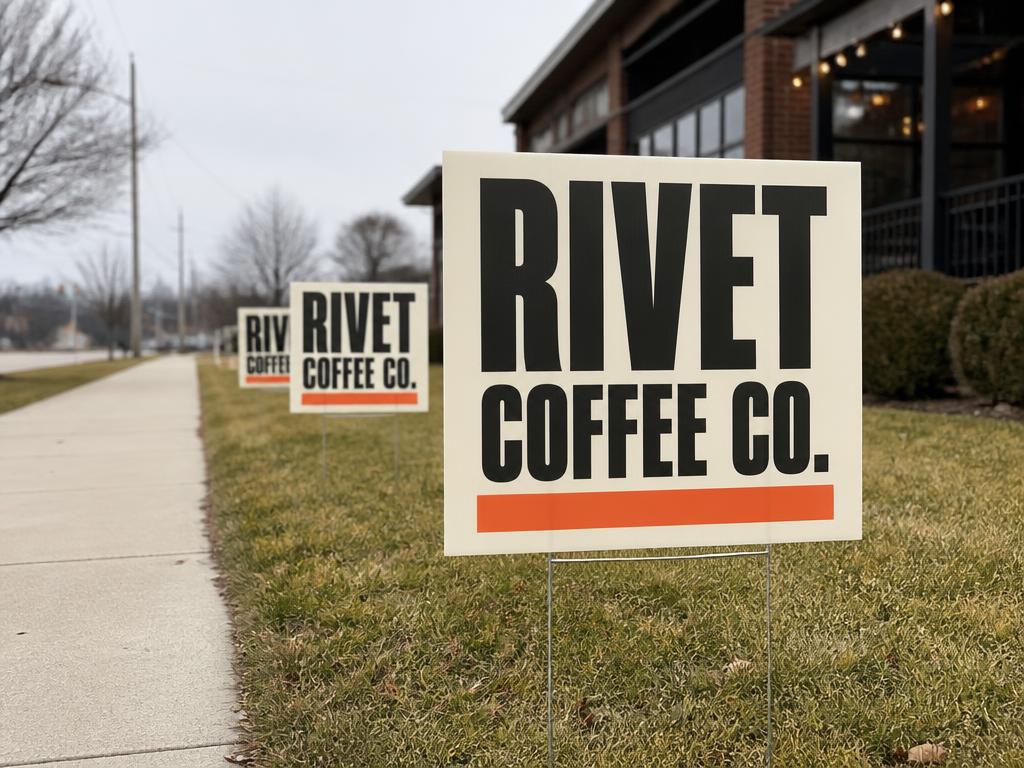 Yard signs and lawn signs mockup for Rivet Coffee Co.
